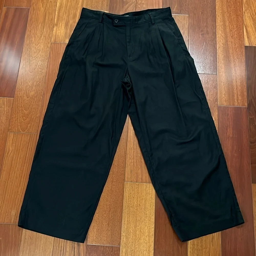 Banana Republic Pleated Wide Leg Linen Cotton Blend Trouser Pant Black 14 Petite